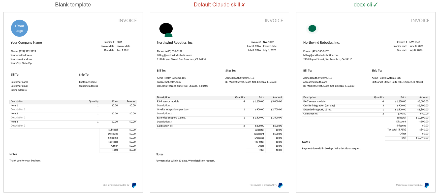 Invoice — blank template vs. the default Claude skill vs. docx-cli