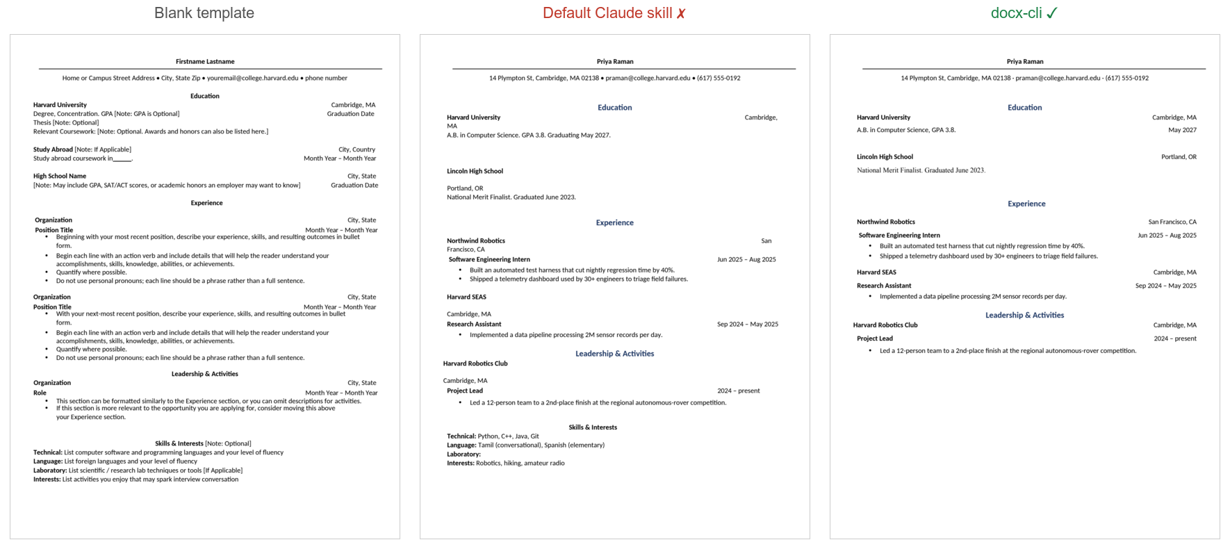 Résumé — blank template vs. the default Claude skill vs. docx-cli